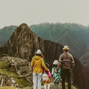 Family looking at mountain scene