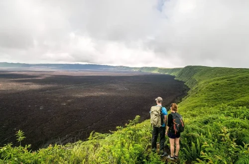 A couple looking at volcano crater