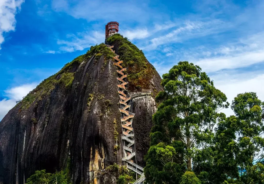 El Penon Rock is steep and challenging to climb, as you can see here the 680 steps weave up to the top.