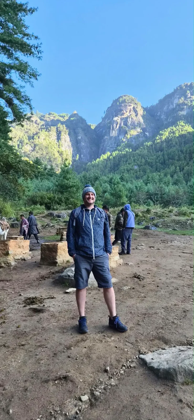 Our founder Sam, halfway up the famous trek to Tiger's Nest Monastery in Paro, Bhutan